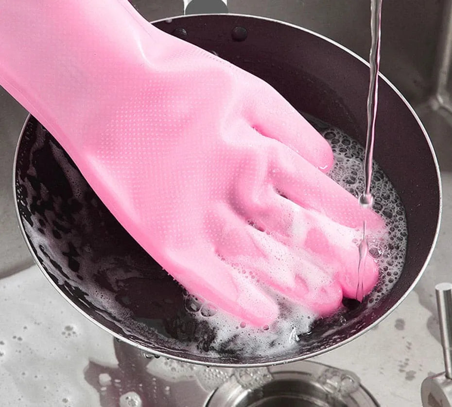 Multipurpose Magic Silicone Dishwashing & Cleaning Gloves with Built-in Scrubber