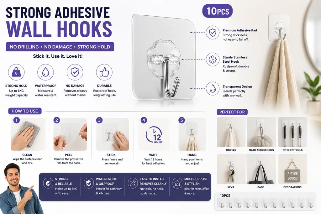 Transparent Heavy-Duty Self-Adhesive Single Wall Hooks (Pack of 10)