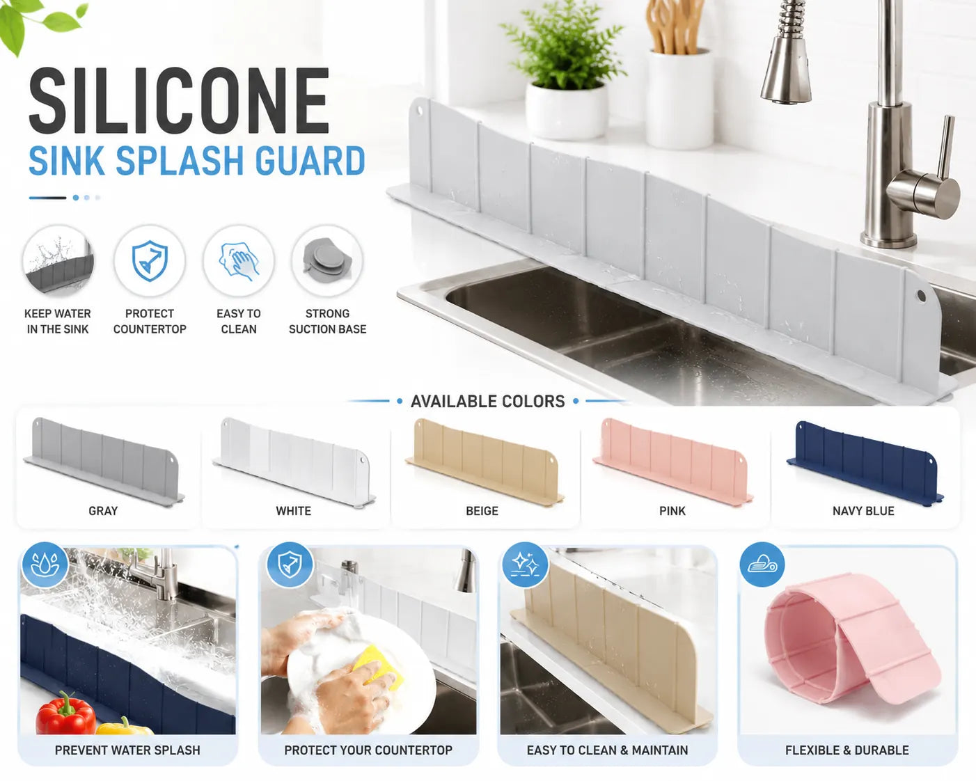 Sloped Silicone Sink Splash Guard & Faucet Drip Catcher Mat