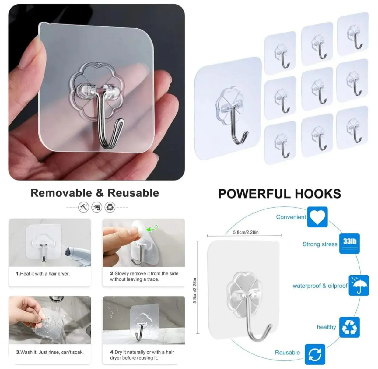 Transparent Heavy-Duty Self-Adhesive Single Wall Hooks (Pack of 10)