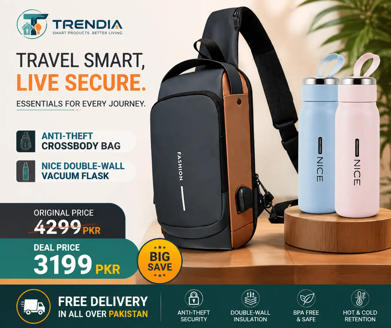Anti-Theft Crossbody Sling Bag & Nice Double-Wall Vacuum